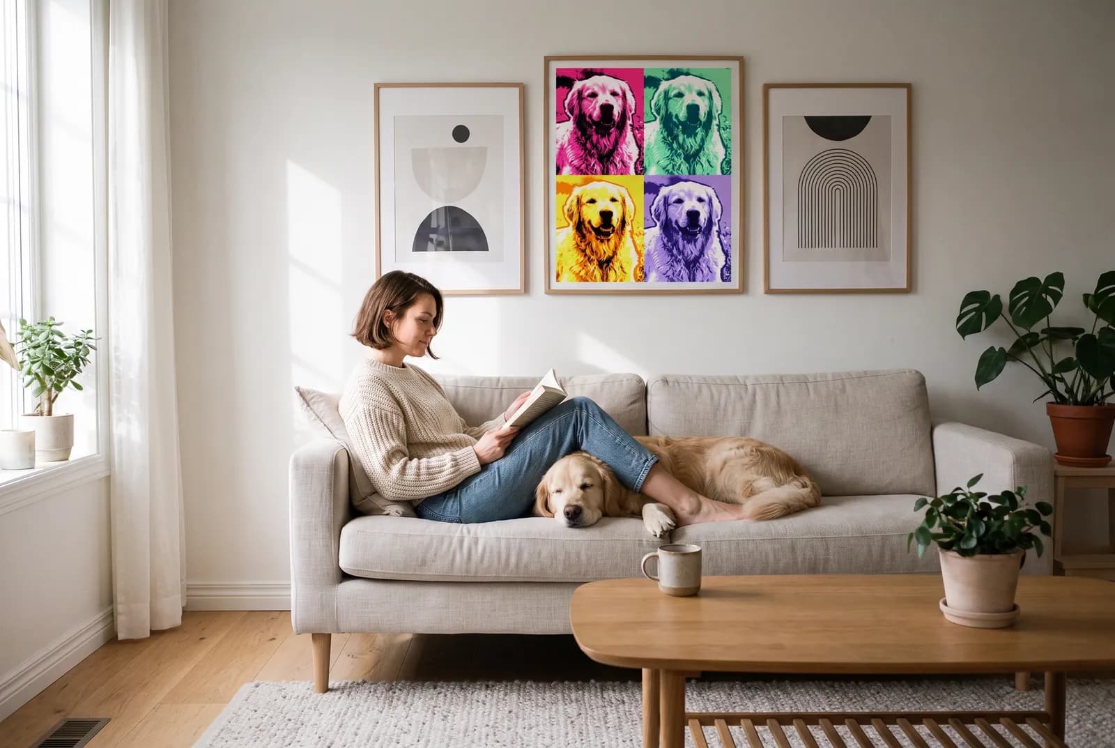 A pop art print of a golden retriever on a living-room wall, the dog asleep on the sofa below