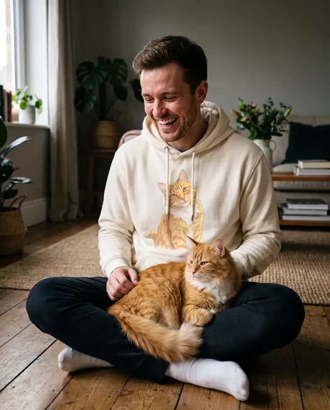 A hoodie printed with a tabby cat portrait