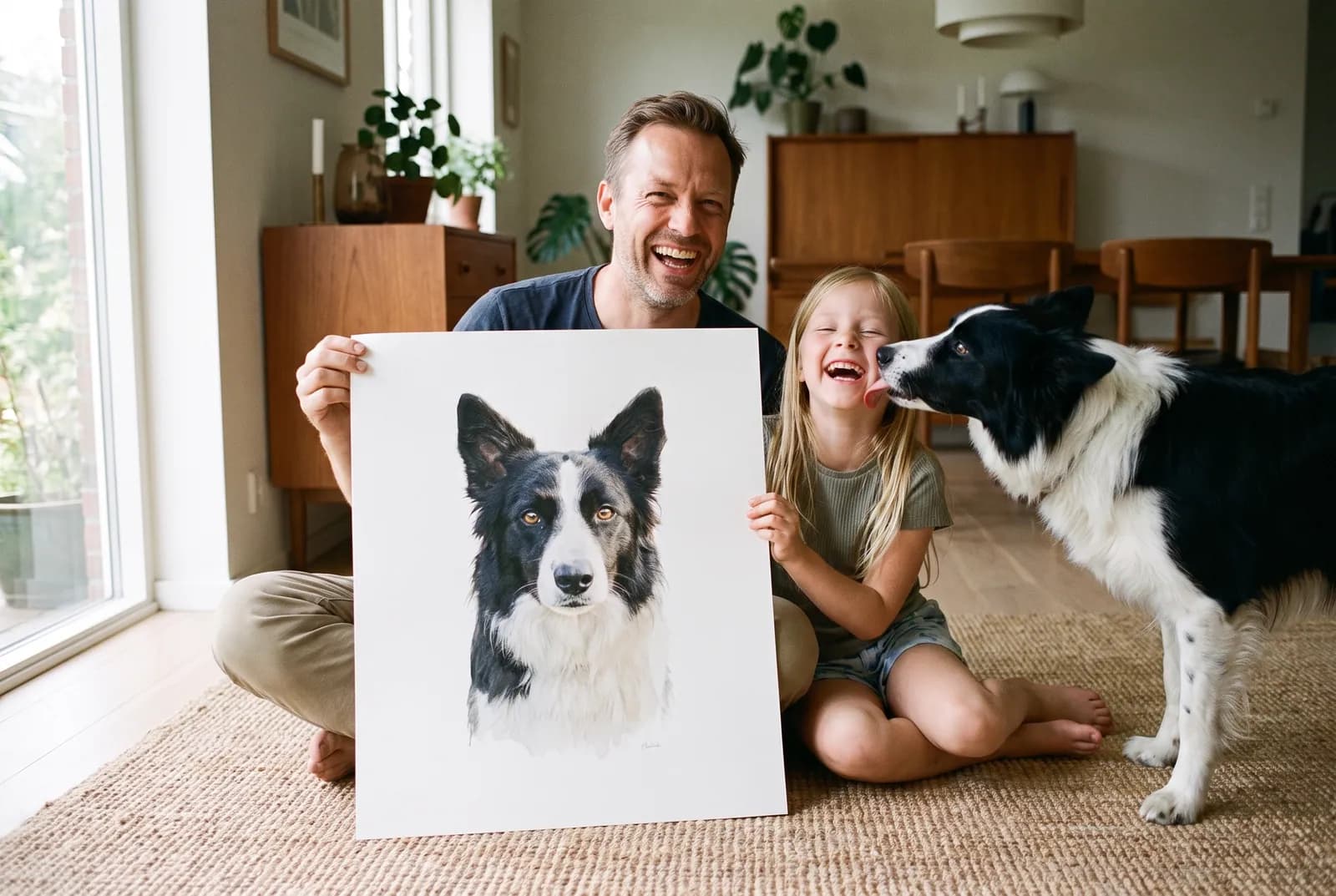 A man and a girl holding a watercolour print of their border collie while the dog licks the girl