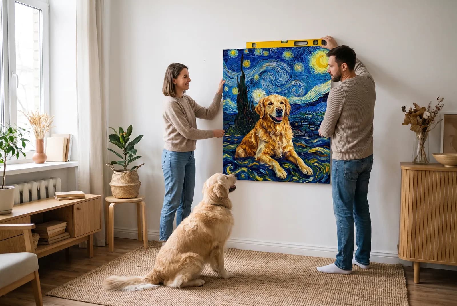 Two people hanging a Starry Night canvas of a golden retriever while the dog watches